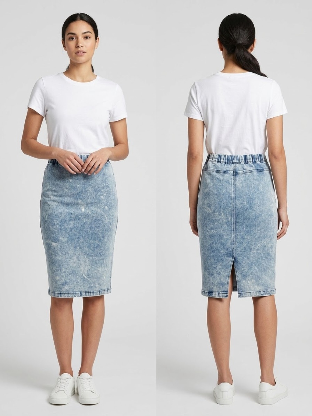 High-Rise Acid Wash Denim Pencil Skirt - Light Blue